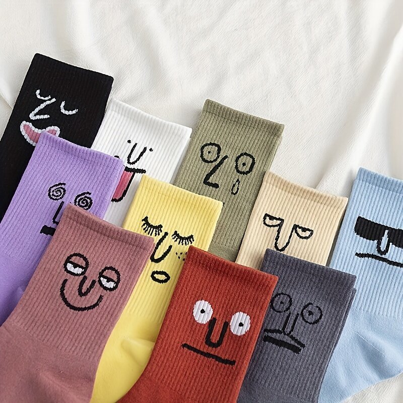New 5/10 Pairs Top Quality Men And Women's Emoticon Socks, Cartoon Candy-Colored Casual Socks, Trendy Emoticon Socks For Couples