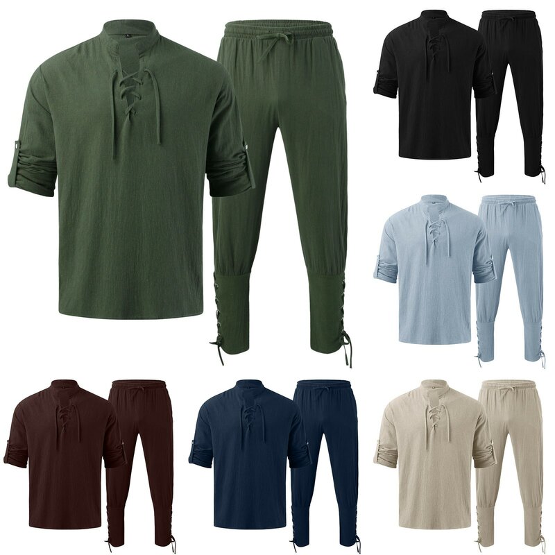 New Men's Casual Blouse Cotton Linen Shirt Pants Suit Long Sleeve 2-Piece Set  Autumn Slanted Placket Vintage Shirts Pants 2023