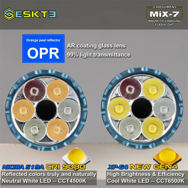 SKILHUNT ESKTE MiX-7 7 LEDS IN 1 Multi-color 2300 lumens 18350 Magnetic Charging LED Flashlight include battery