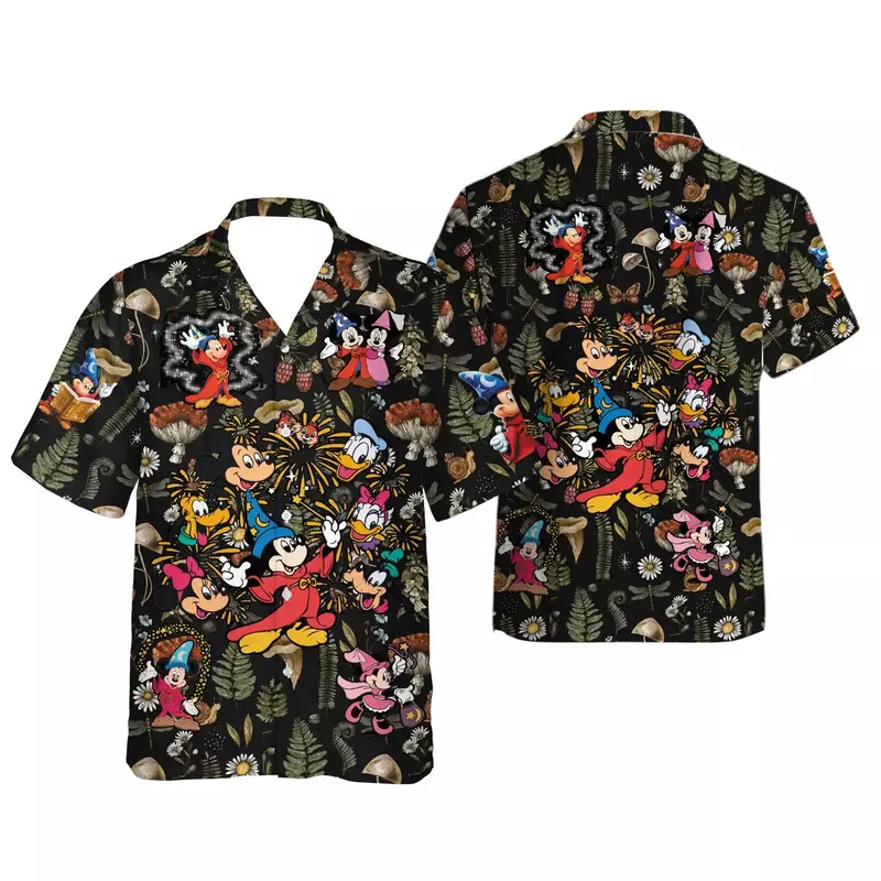 Гавайские рубашки с Микки Маусом, мужские рубашки с короткими рукавами и пуговицами на пуговицах, гавайская рубашка в стиле ретро, гавайская рубашка в стиле Диснея, летняя пляжная рубашка, Мужской Топ