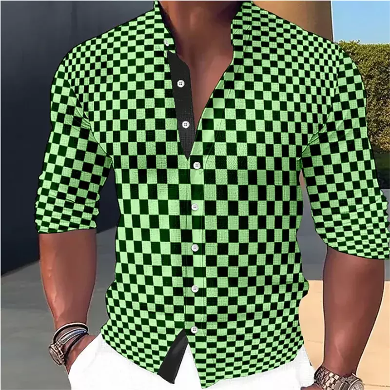 Camisa masculina de manga longa, gola alta, xadrez preto e branco, estilo de tendência geométrica, músculo, 2023