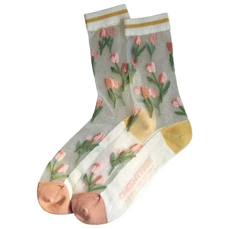 Летние ультратонкие хлопковые повседневные прозрачные носки для девочек, модные прозрачные дизайнерские кружевные носки до середины икры с цветочным рисунком