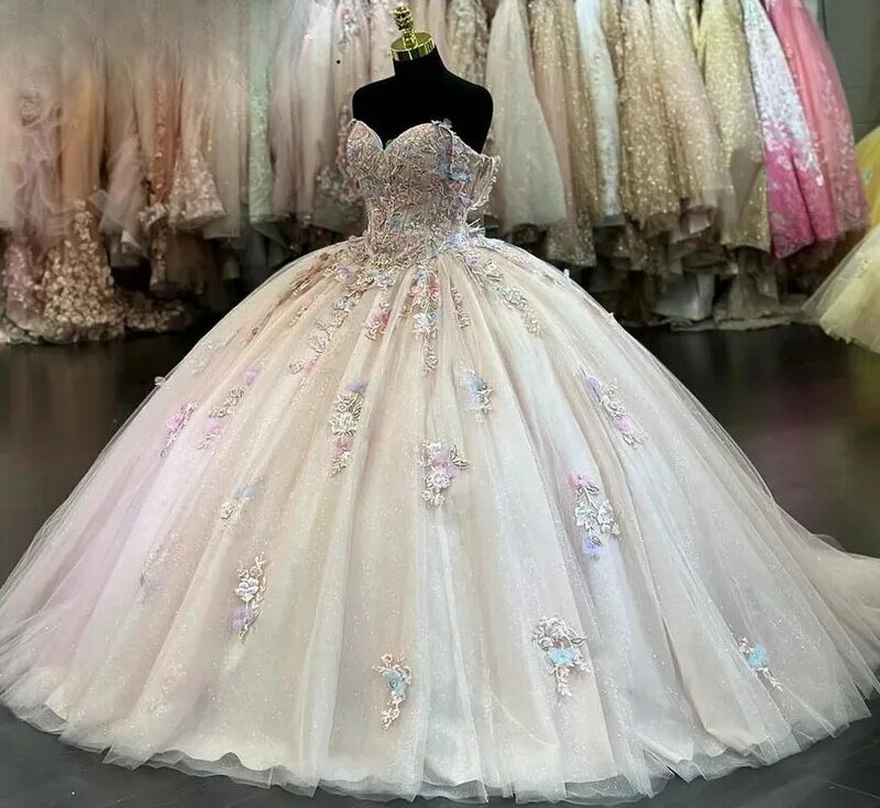 Quinceanera 공주 드레스, 볼 가운, 오프 숄더, 얇은 명주 그물 아플리케, 스위트 16 드레스, 15 Aenos 커스텀