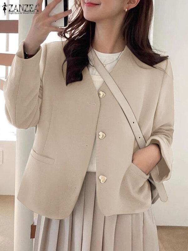 ZANZEA Blazer wanita Streetwear, Blazer Korea kasual leher V lengan panjang musim gugur setelan kantor elegan 2023