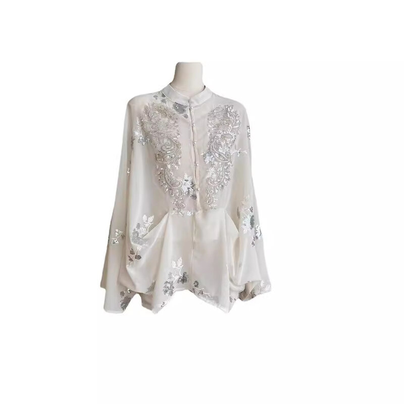 Blusa con capa con cuentas plateadas y Falda bordada, traje de Ladyliness, novedad de 2024