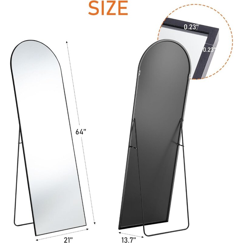 OLIXIS-Espelho arqueado do comprimento total para o quarto, espelho completo do corpo com suporte, liga de alumínio, quadro fino, assoalho estando, 64 "x 21"