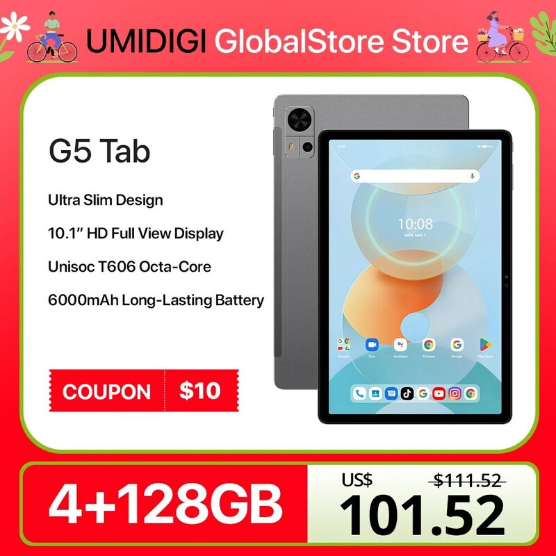 Tablet pintar UMIDIGI G5 Tab Android 13 10.1 ", tablet baru T606 128GB 6000mAh Mega baterai AI Buka kunci wajah
