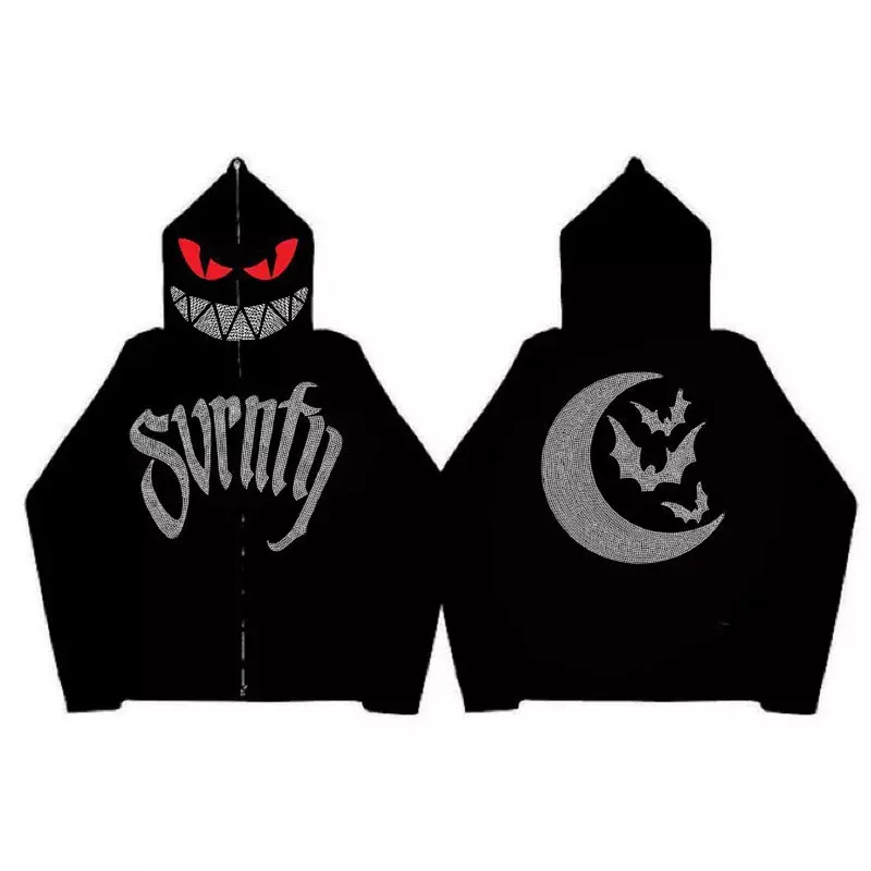 Harajuku Hiphop Gothic Devil Sweatshirt Y 2K Full Zip Hoodie Dames Vintage Lange Mouw Sweatshirt High Street Punk Winter