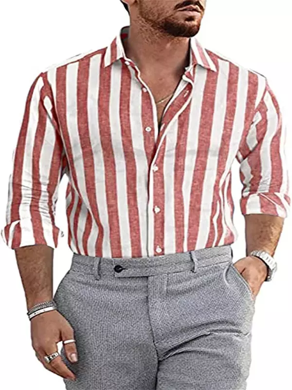 Мужская рубашка в полоску, офисный топ с отложным воротником и длинными рукавами, на пуговицах, весна-лето 2023