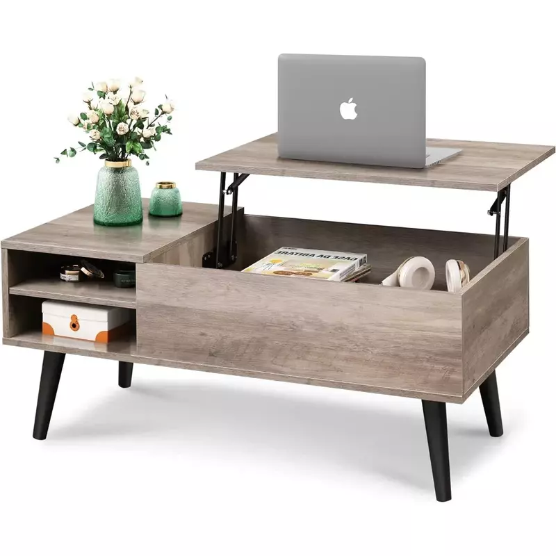 Lift Top Coffee Table with Storage for Living Room, Small Hidden Compartment and Adjustable Shelf, Mid Century Modern, Wood