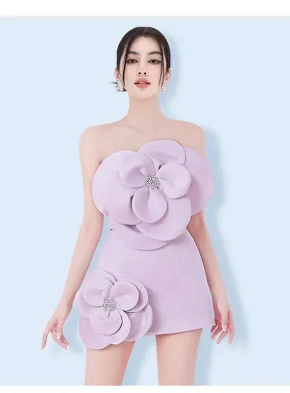 Robe de Bal Violet Clair pour Femme, Sexy, Courte, Mini Robe de Soirée, Fleur 3D, Tenue de Bureau Formelle, Tenue de Travail