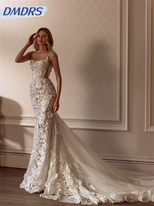 Sexy Spaghetti-Strapped Bridal Dress 2024 Simple Appliqué Wedding Dress Elegant Mermaid Floor-length Dress Vestidos De Novia