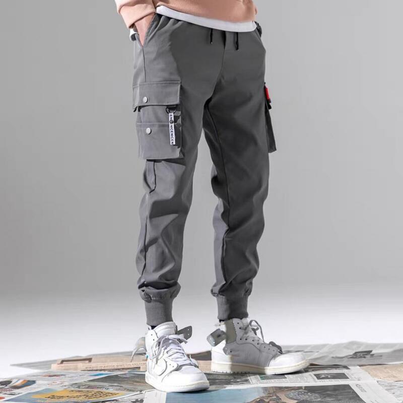 Mid-Rise Elastic Waistband Drawstring Shrinkable Cuffs Men Sweatpants Multi Pockets Solid Color Casual Cargo Pants