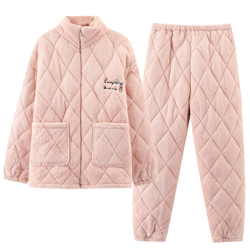 Women Autumn Winter Sleepwear Season Plus Thicke Loungewear Three Layer Laminated Cotton Super Thick Home Wear Two Piece Set