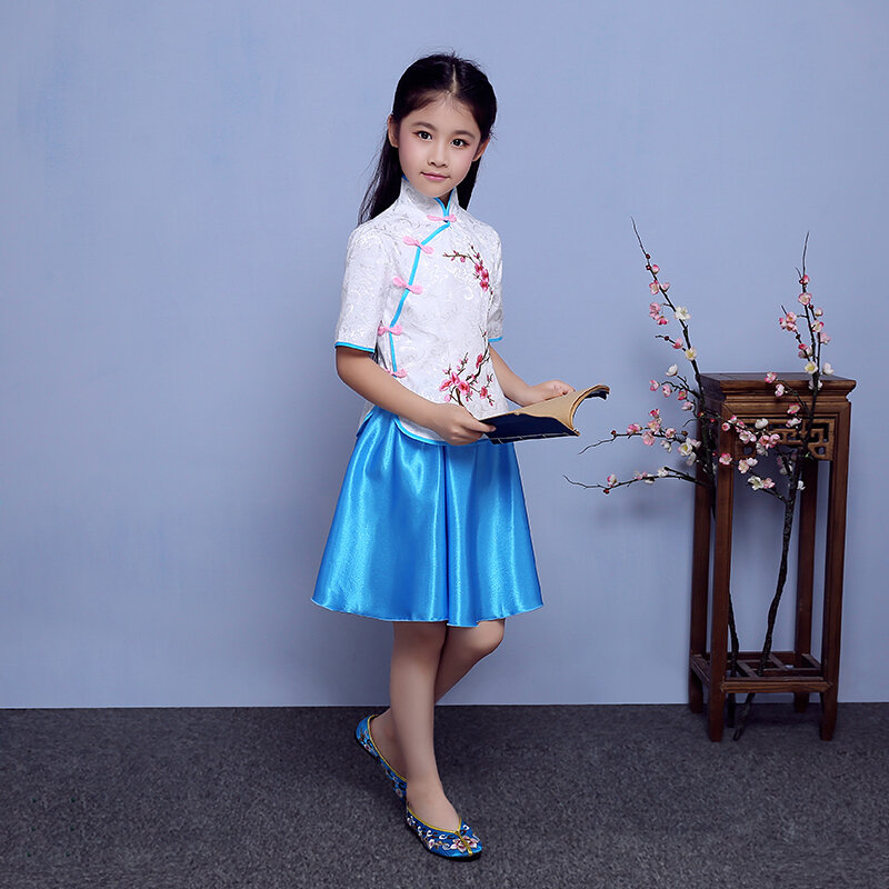 Kostium dla dzieci dla dziewczynki haft w kwiaty Qipao topy i spódnica zestawy Preppy School Children Guzheng Performance Graduation