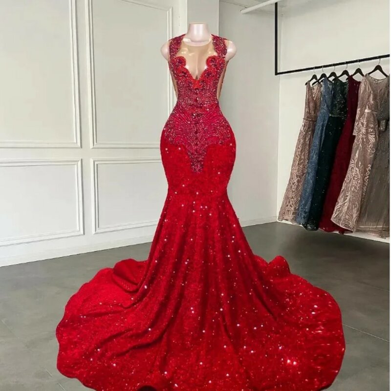 Czerwone sukienki o kroju syreny 2024, przezroczyste diamenty, świecące, kryształki, cekinowe suknie wieczorowe na bal maturalny فساتين سهرة