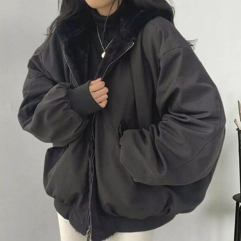 Women Winter Coat Thick Plush Cotton Jacket Solid Color Hooded Zipper Closure OutweR Windproof Elastic Cuff Pocket Couple Jacket