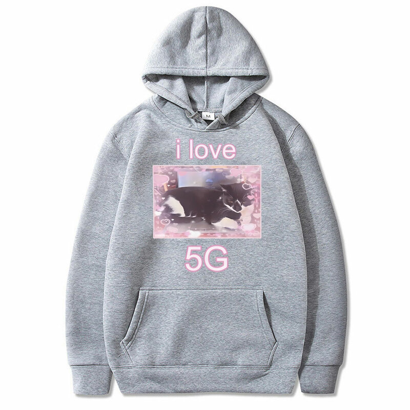 Engraçado unissex eu amo o gato 5G no hoodie do portátil, camisola bonito de Kawaii, roupa masculina, hoodies grandes do algodão do velo, homens e mulheres