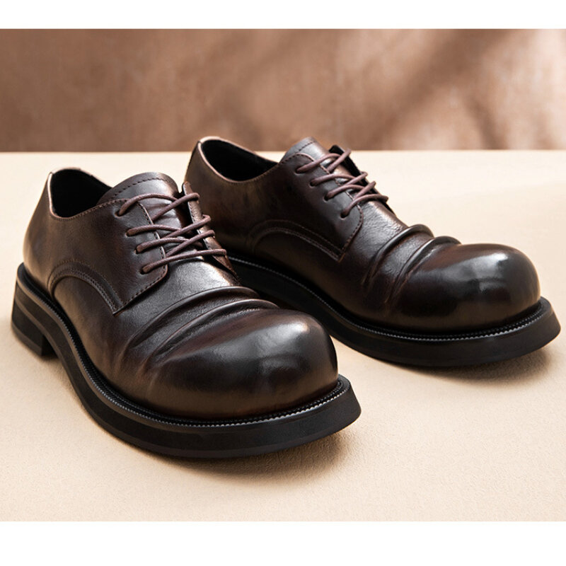Retro Mens Formal Shoes Luxury Genuine Leather Designer British Style Handmade Quality Round Toe Black Wedding Social Shoes Man