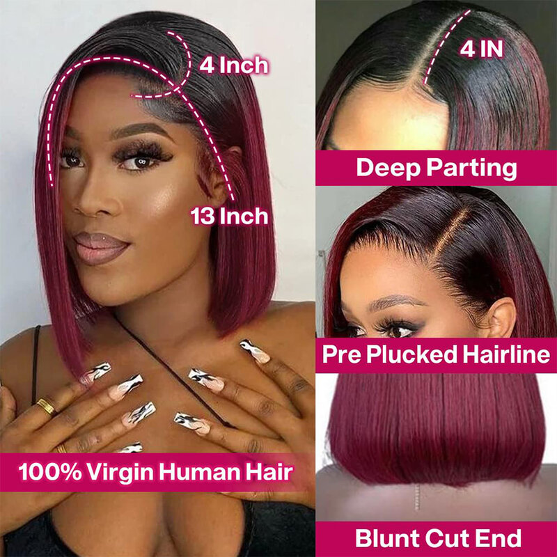 Ombre 1BT99J Burgundy Lace Front Bob Wigs Human Hair 13x4 HD Lace Frontal Wigs Glueless Short Straight Bob Wigs for Black Women