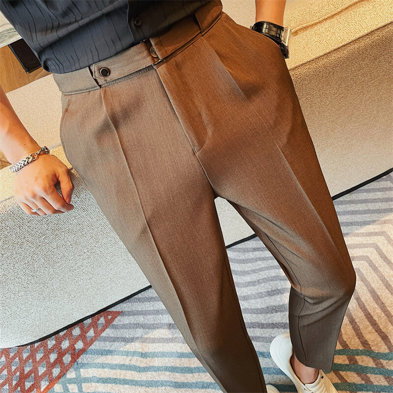 Calça masculina slim fit no comprimento do tornozelo, roupa de luxo coreana, calça formal de alta qualidade, verão