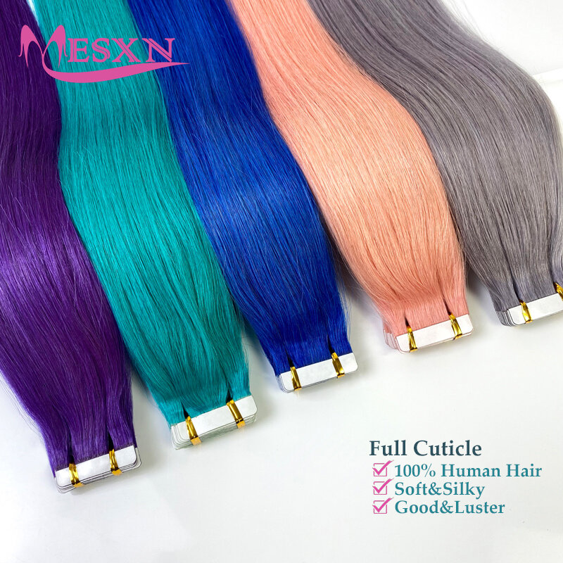 MESXN Color  Tape in Human Hair Extensions Natural Seamless Invisible SKin Weft  Double Sided Adhesive Purple Blue Pink Color