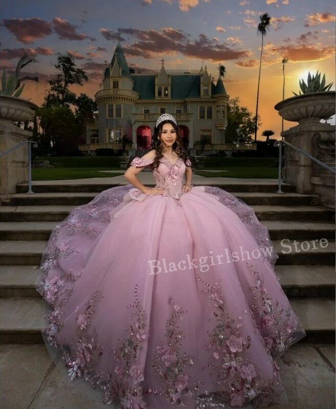 Vestido princesa Quinceanera, rosa pêssego, apliques florais luxuosos, trem de capela frisado, vestido sem alças, 2024