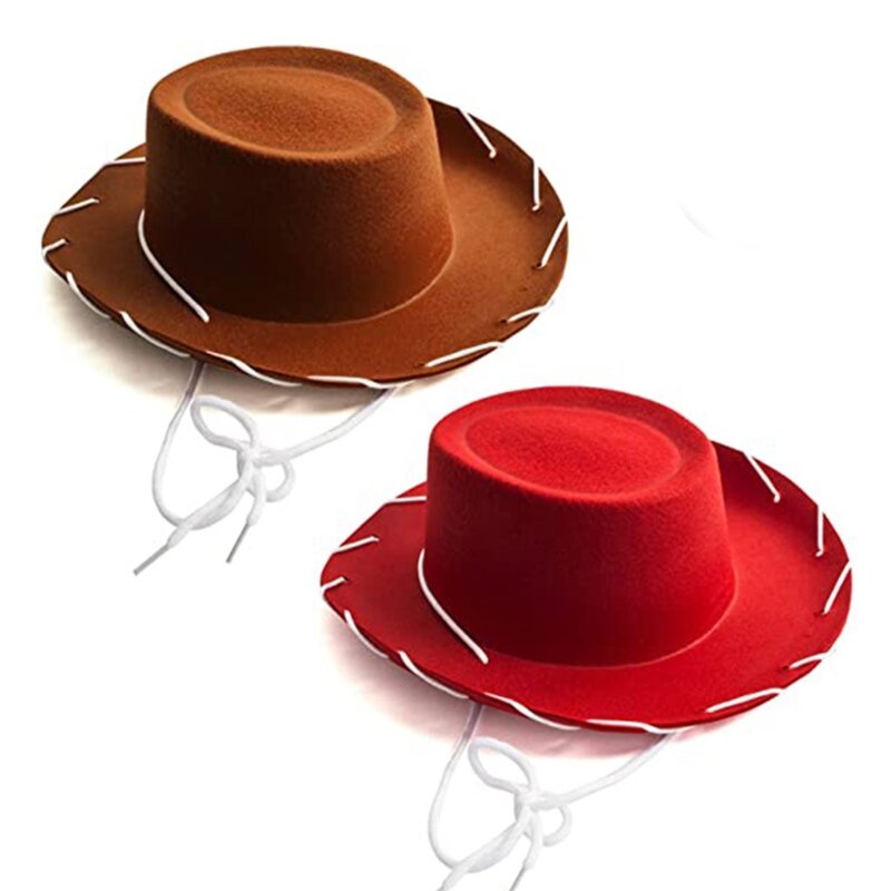 Novità cappello da cowboy in feltro rosso marrone, decorazione per le vacanze in costume cosplay del selvaggio West