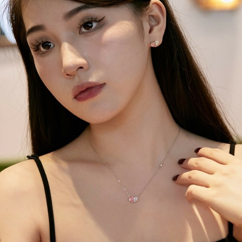 Pink Heart Pendant Necklace Earring For Women Lovers Rhinestione Clavicle Chain Chocker Female Crystal Anniversary Jewelry Sets