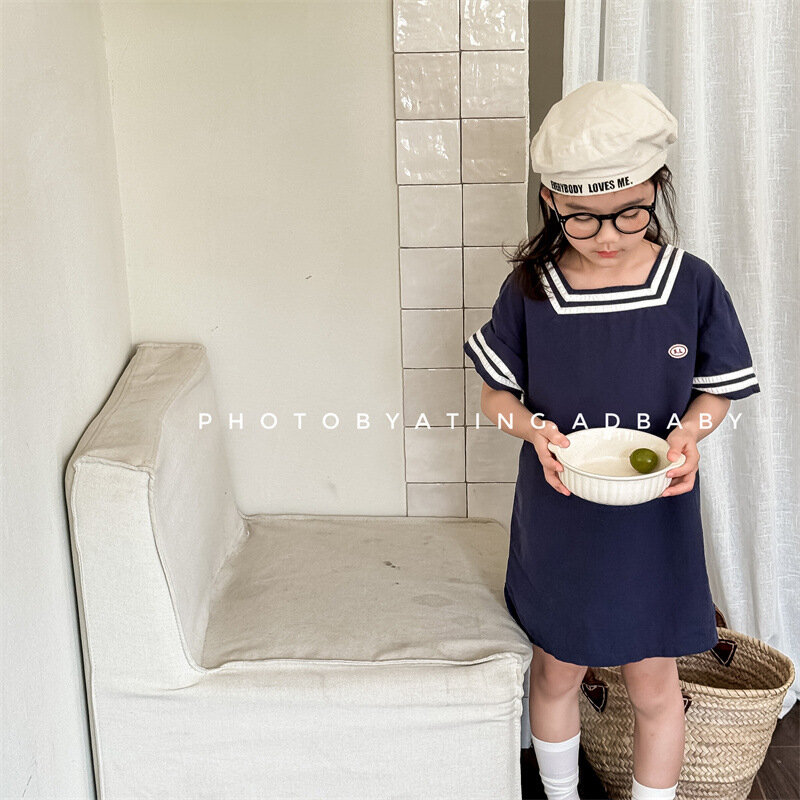 Vestido informal de manga corta para niña, ropa de algodón, color liso, estilo Preppy, novedad de verano, 2024