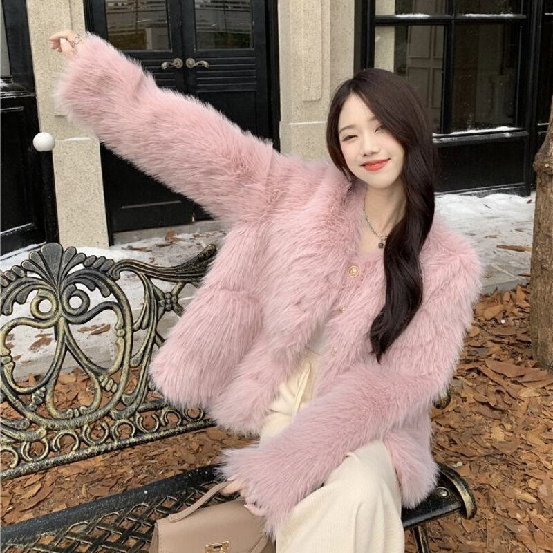 Women High Sense Faux Fur Coat Winter Female Loose Temperament Short Furry Outwear Fashion Casual All-Match Solid Color Outcoat