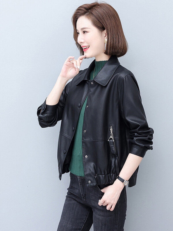 New Women Leather Jacket Autumn Winter Fashion Casual Turn-down Collar Plus Cotton Liner Short Sheepskin Coat Slim Outerwear