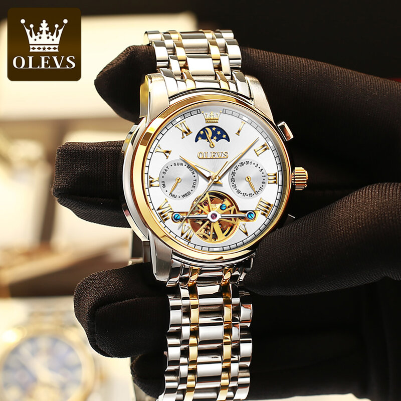 Olevs-メンズ腕時計,オリジナルの自動機械式時計,高級ブランド,月,トゥールビヨン,発光,耐水性