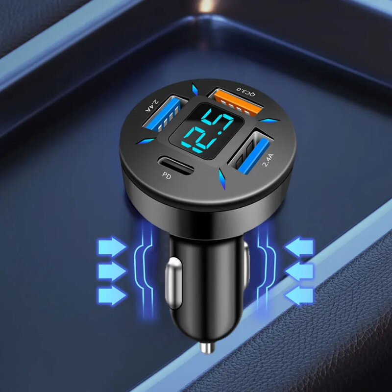 Car Charger Smart 4-Port USB A+USB C Fast Charging Adapter Cigarette Lighter LED Voltmeter for All Types Mobile Phone Charger