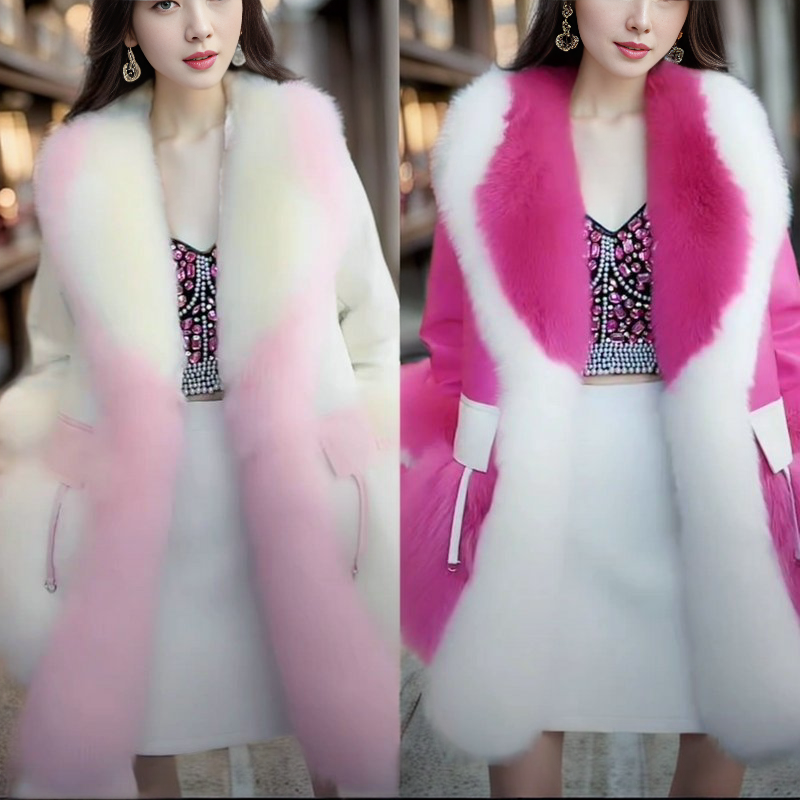 여성용 컬러 블록 코디하기 쉬운 재킷, 귀여운 중간 길이 모조 여우 모피 칼라 모피 코트, 2023 겨울 패션