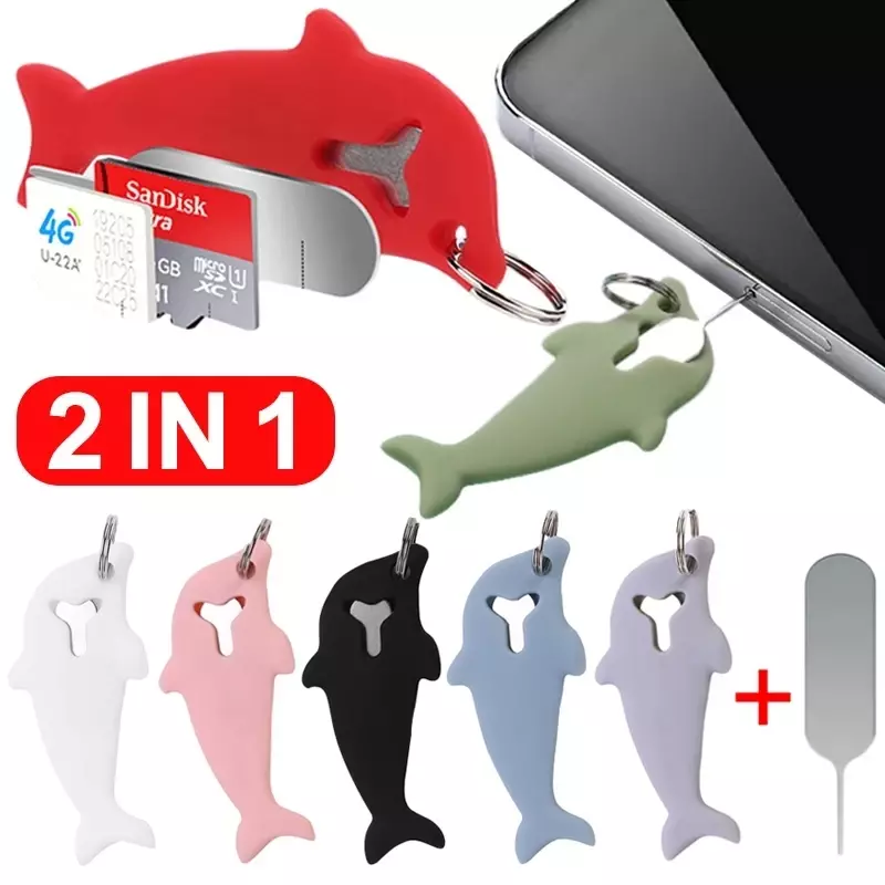 2 In 1 Loss-proof SIM Card Ejection Pin Dolphin Shape Eject Tray Open Needle Mobile Phone SIMCard Ejecter Tool Keyring Pendent