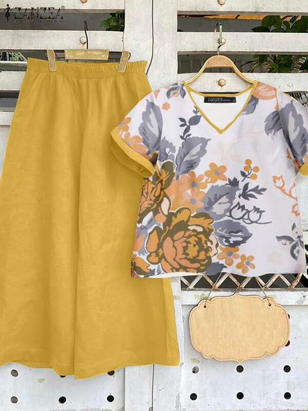 ZANZEA-Blusa Flroal de manga curta e calças largas para mulheres, roupas de treino estampadas, roupas de verão, 2 peças, 2024