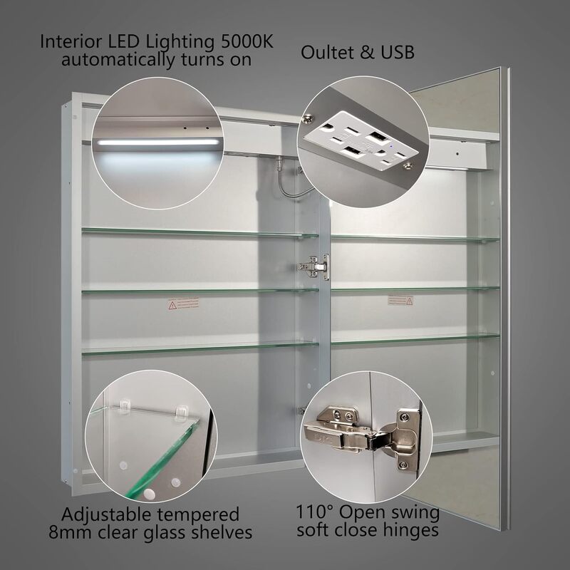 Exbrite-照明器具キャビネット、埋め込みまたは表面、LED薬キャビネット、時計と部屋の温度表示、曇り止め、調光、24 x32インチ