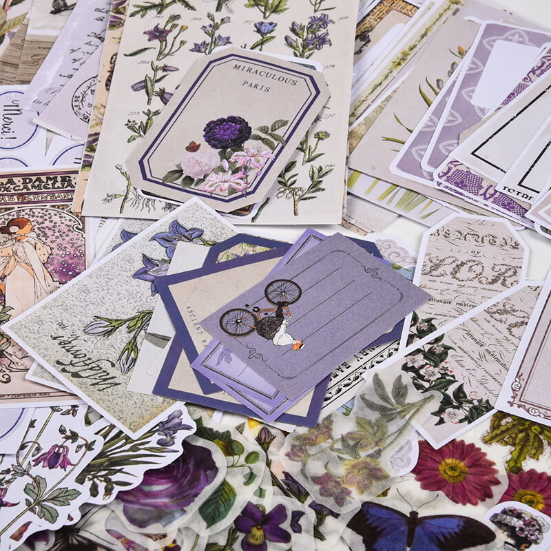 Vintage Scrapbooking Paper and Stickers, Jornal DIY Decorativo, Planta Flor, Scrapbook Materiais Pack para Planejador, Mão DIY, 200 Pcs