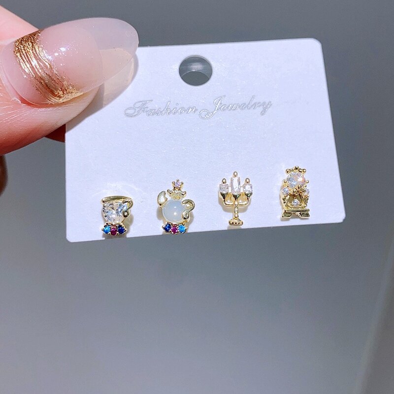 4pcs/set Small Cartoon Sweet Princess Stud Earrings Gold Color Women Girls Cubic Zircon Gift Jewelry
