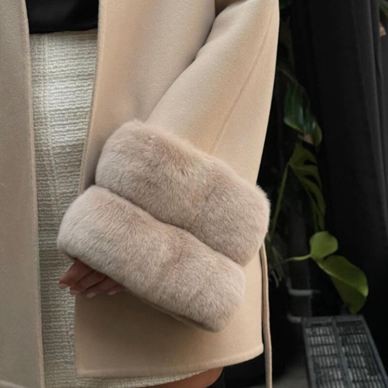 Casaco de caxemira de comprimento médio feminino, jaquetas de lã real, punhos naturais Rex Rabbit Fur, roupas luxuosas