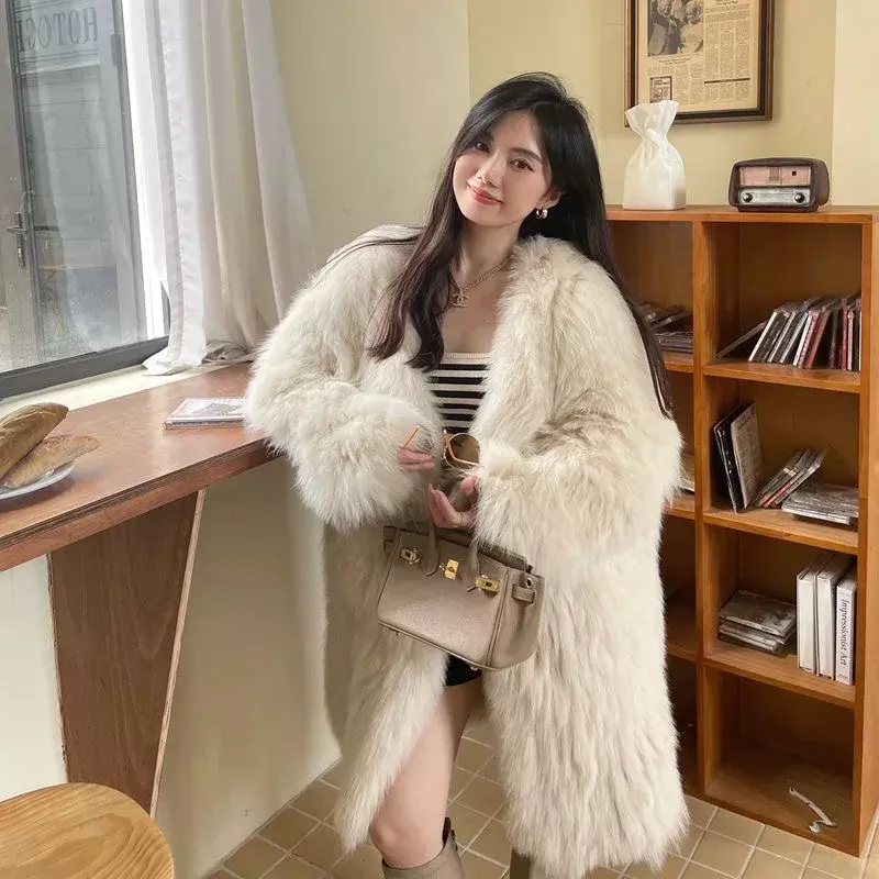 Bontjas Herfst Winter Nieuwe Koreaanse Elegante Luxe Imitatie Vossenbont Jas Vrouwen Warm Gewatteerde Lange Wollen Overjas Top Kleding