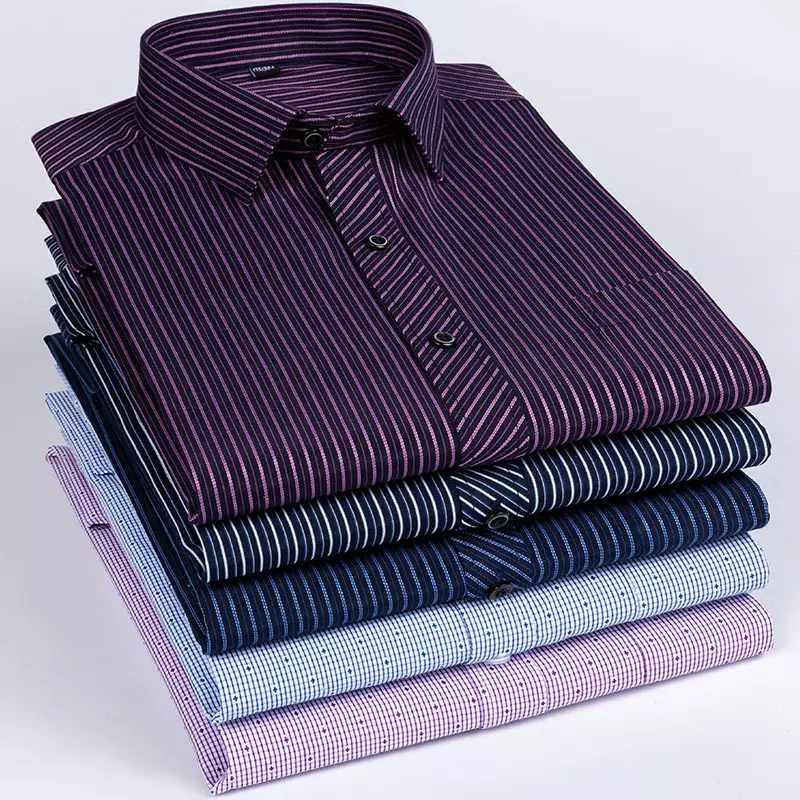 Camisas de algodão casual de manga longa masculina, slim fit, formal, camisa lisa, xadrez listrada, bolso único, roupas de grife