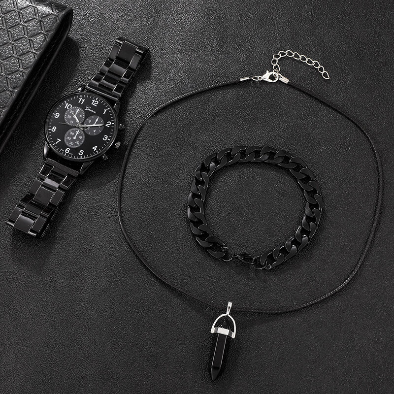 Conjunto de 3 piezas de acero inoxidable para hombre, relojes de negocios, pulsera informal negra, collar de cuarzo, Masculino