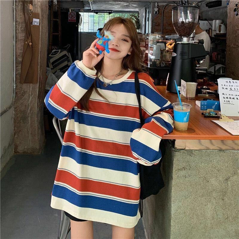 Hoodie Musim Gugur Kaus Longgar Bergaris Pullover Harajuku Wanita Mode Korea Pasangan Cocok Atasan Lengan Panjang Streetwear