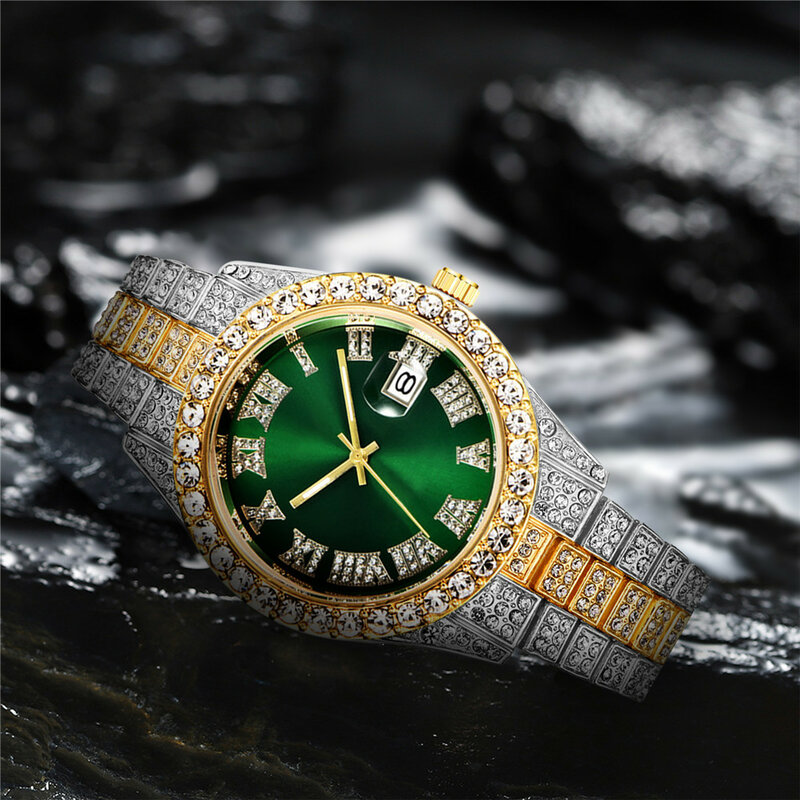 Relógio de pulso de aço inoxidável relógio de quartzo de luxo dos homens relógio de quartzo de ouro pulseira de diamante calendário romano digital dial