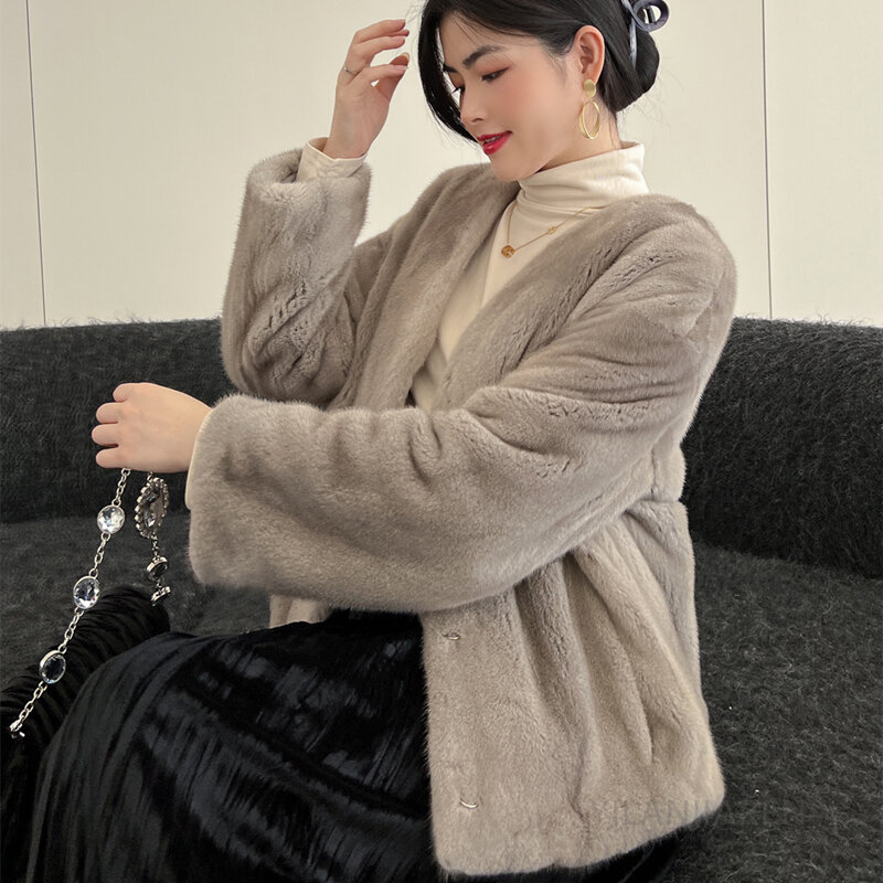 Jaqueta feminina de pele de vison com decote em v curto, cardigã de três botões, manga longa, versão solta, quente, espessada, moda inverno