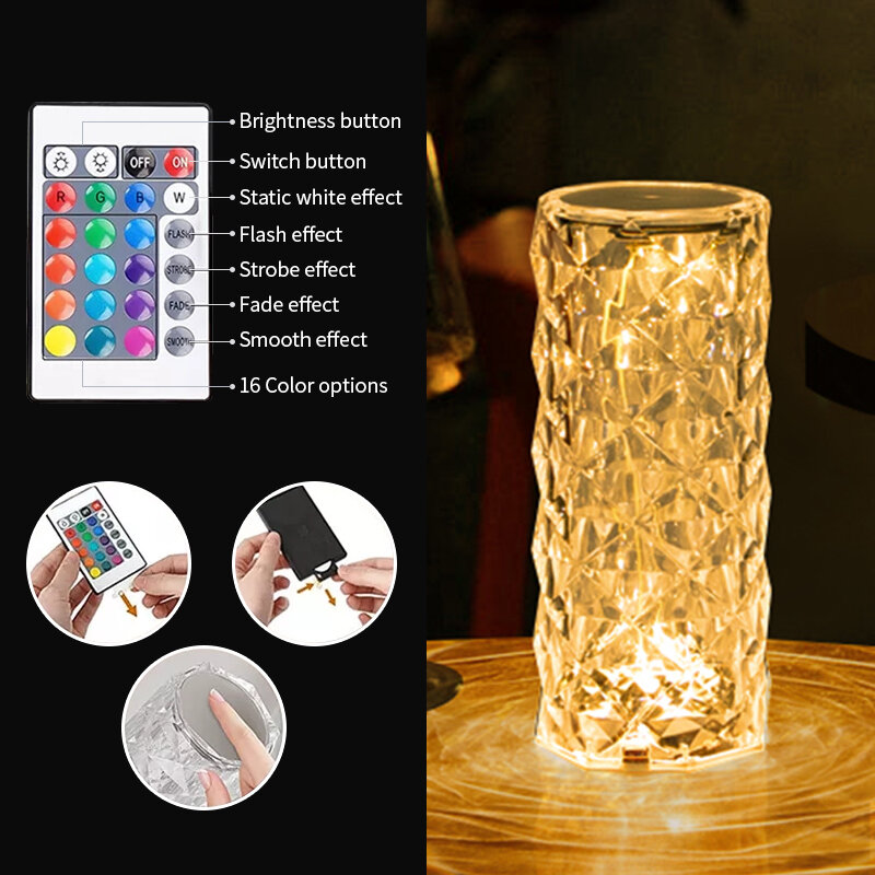 مصباح طاولة كريستال LED جهاز عرض ضوء وردي لمسة رومانسية الماس جو ضوء USB LED 3/16 ألوان ضوء الليل لغرفة النوم
