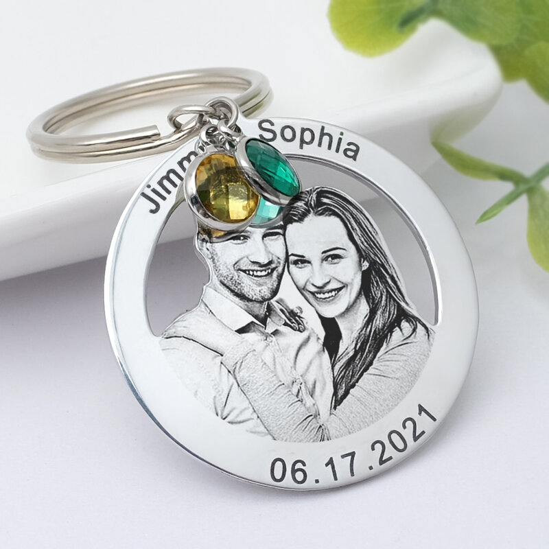 Custom Photo Keychain Personalised Picture Key Ring with Birthstone Couples Key Chain Gift For Her Him Anniversary Gift