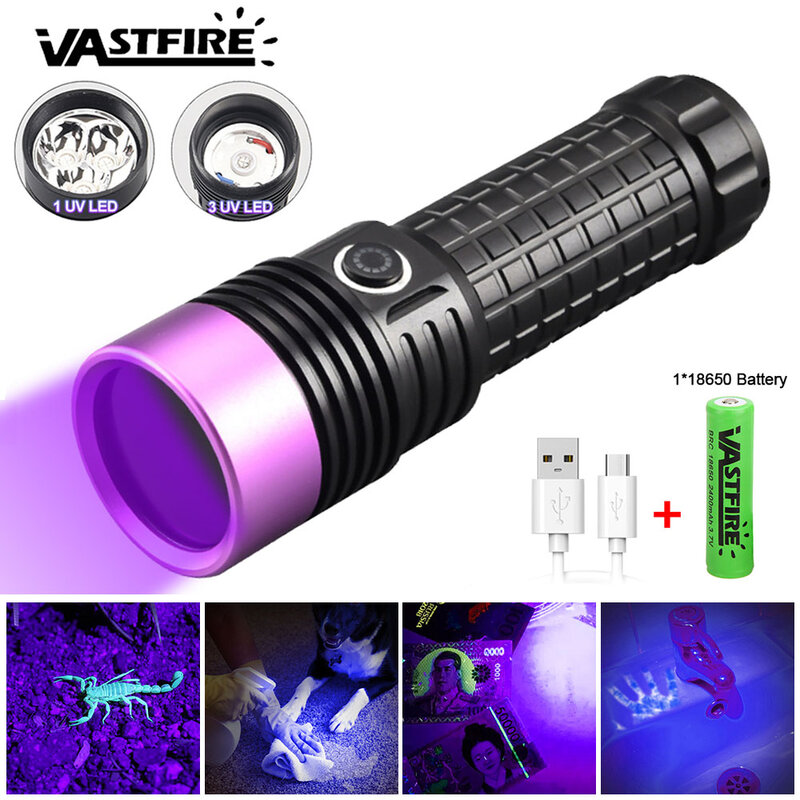 Powerful 365nm UV Flashlight Rechargeable Fluorescent Oil Pollution Detection Torch Blacklight Lamp Scorpion Pet Urine Detector